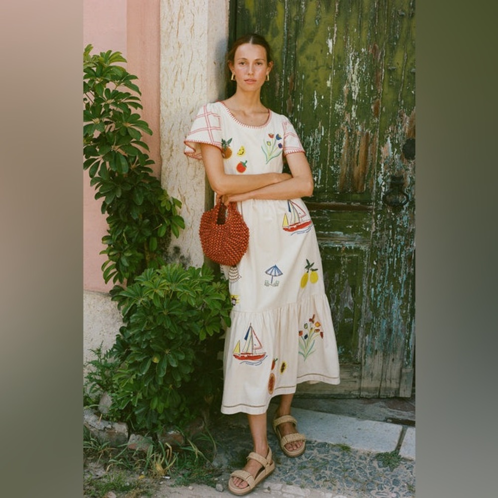 Hunter Bell Marley Cream Fruit Sailboat Embroidered Short‎ Sleeve Midi Dress 8